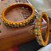 Kada Kundan Bangle-Flower-Green and Golden-G3666